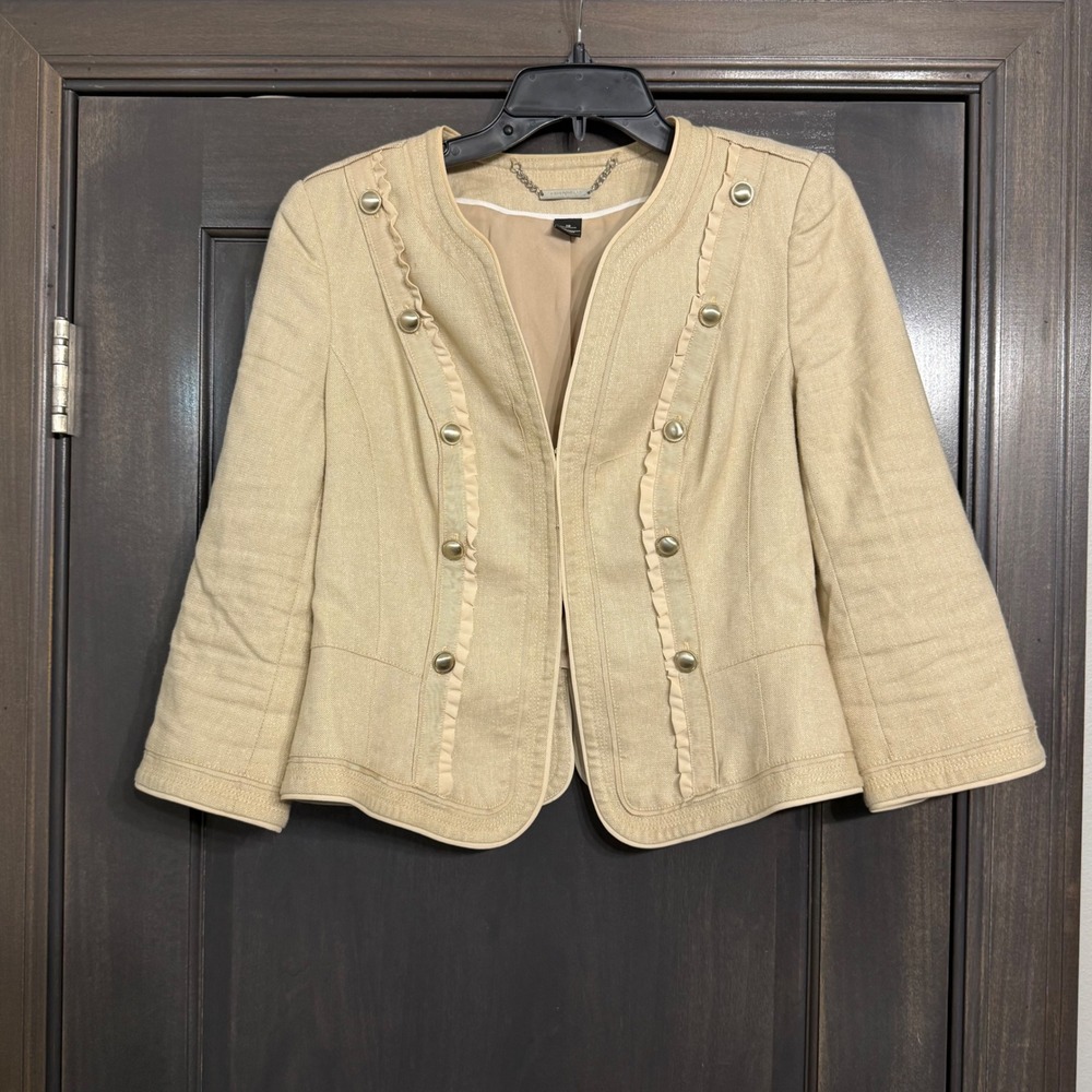 White House Black Market Beige Linen Blend Ruffle Military Blazer Jacket Size 12